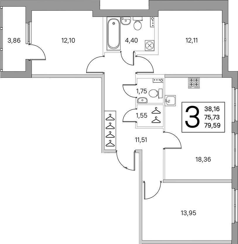 3-комнатная квартира 77.66 м², 1/4 эт., ЖК «Любоград в Стрельне»